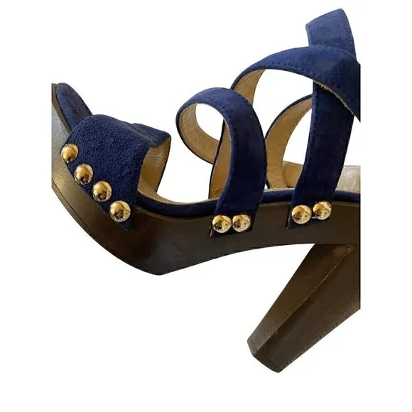 Jimmy Choo Suede Studded Unity Platform Sandals Heels 38 US 8 Blue Gold Strappy