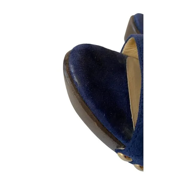 Jimmy Choo Suede Studded Unity Platform Sandals Heels 38 US 8 Blue Gold Strappy