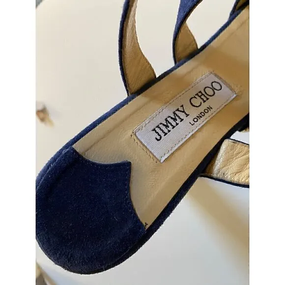 Jimmy Choo Suede Studded Unity Platform Sandals Heels 38 US 8 Blue Gold Strappy