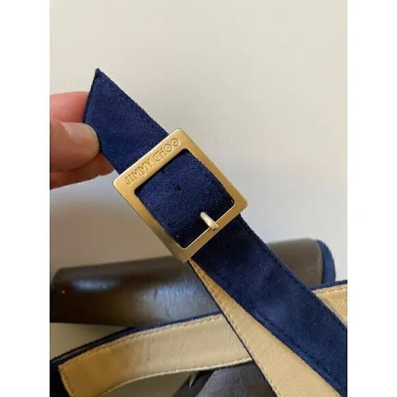 Jimmy Choo Suede Studded Unity Platform Sandals Heels 38 US 8 Blue Gold Strappy