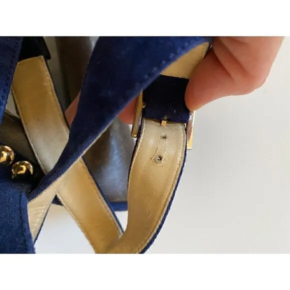 Jimmy Choo Suede Studded Unity Platform Sandals Heels 38 US 8 Blue Gold Strappy