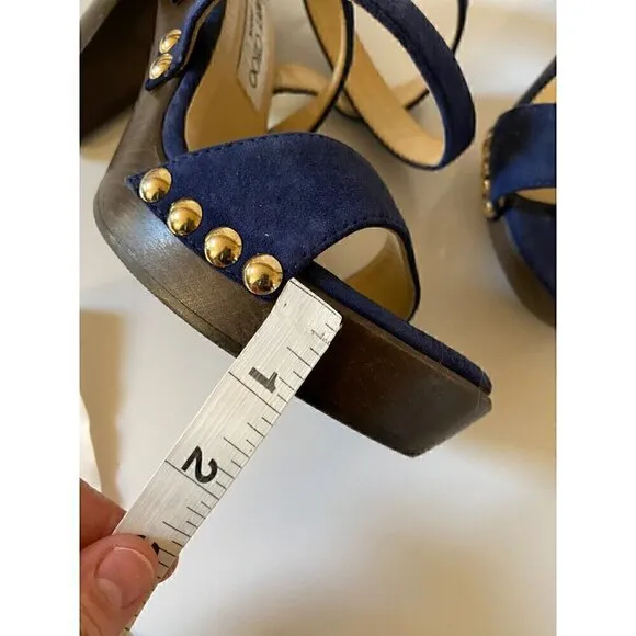 Jimmy Choo Suede Studded Unity Platform Sandals Heels 38 US 8 Blue Gold Strappy