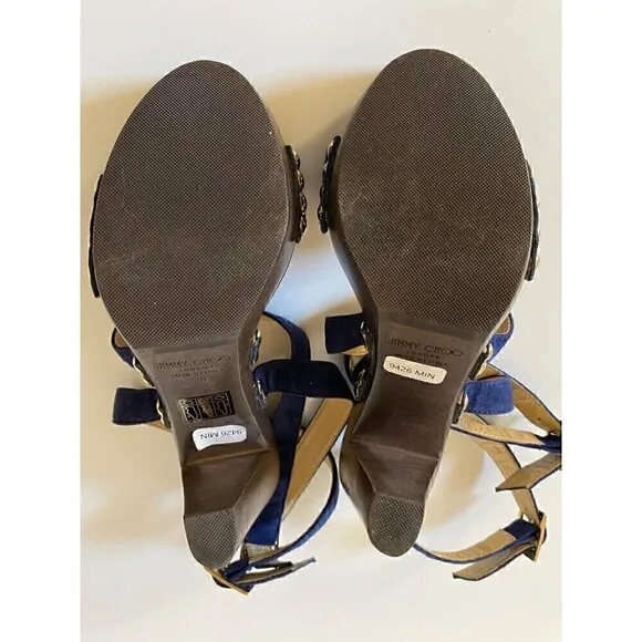 Jimmy Choo Suede Studded Unity Platform Sandals Heels 38 US 8 Blue Gold Strappy