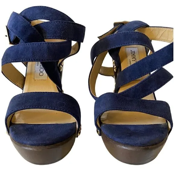 Jimmy Choo Suede Studded Unity Platform Sandals Heels 38 US 8 Blue Gold Strappy