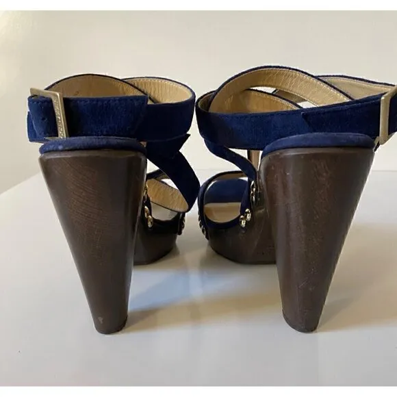 Jimmy Choo Suede Studded Unity Platform Sandals Heels 38 US 8 Blue Gold Strappy