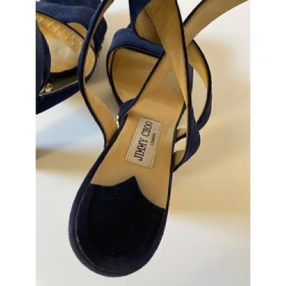 Jimmy Choo Suede Studded Unity Platform Sandals Heels 38 US 8 Blue Gold Strappy