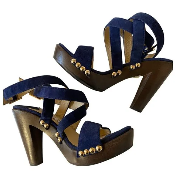 Jimmy Choo Suede Studded Unity Platform Sandals Heels 38 US 8 Blue Gold Strappy
