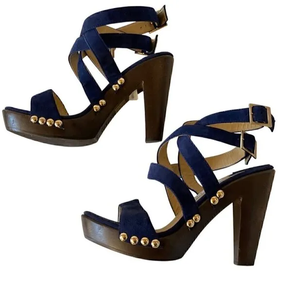 Jimmy Choo Suede Studded Unity Platform Sandals Heels 38 US 8 Blue Gold Strappy
