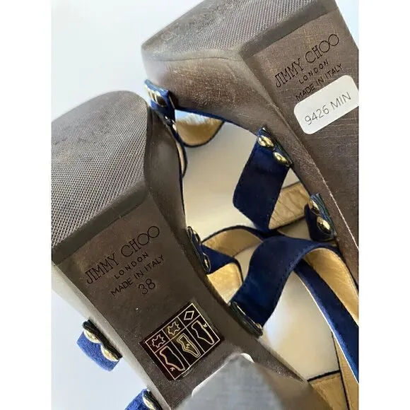 Jimmy Choo Suede Studded Unity Platform Sandals Heels 38 US 8 Blue Gold Strappy