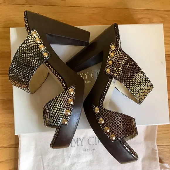JIMMY CHOO ULRIKA Metallic Leather Studded Wooden Heel Slide Sandals SZ 40.5/9.5