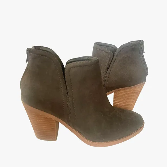 Joie Kayden Ankle Boots Women's Size 7.5 Faux Suede Vegan Olive Chunky Heel