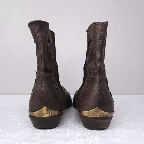 Just CAVALLI Ankle Boots Western Pointed Toe Brown Leather Booties
