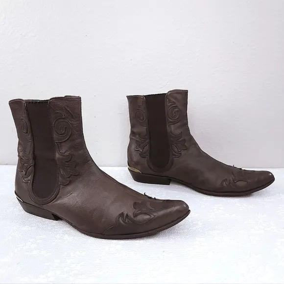 Just CAVALLI Ankle Boots Western Pointed Toe Brown Leather Booties