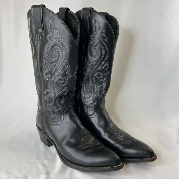 Justin Buck 13” Western Black Leather Boots Cowboy Heel Pointed Toe 8.5