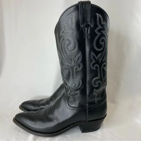 Justin Buck 13” Western Black Leather Boots Cowboy Heel Pointed Toe 8.5