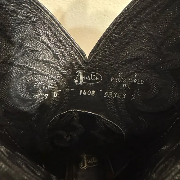 Justin Men's Classic Black Leather Cowboy Western Boots Size 9D