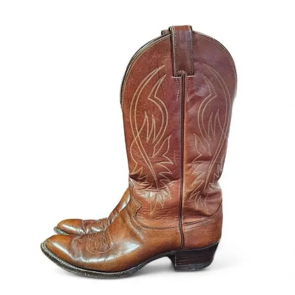Justin men's leather cowboy boots brown 12&quot; shaft pointed toe size 9E