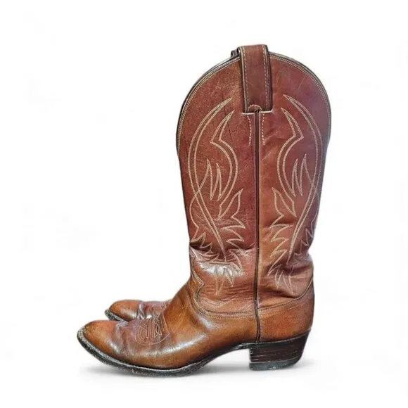 Justin men's leather cowboy boots brown 12&quot; shaft pointed toe size 9E