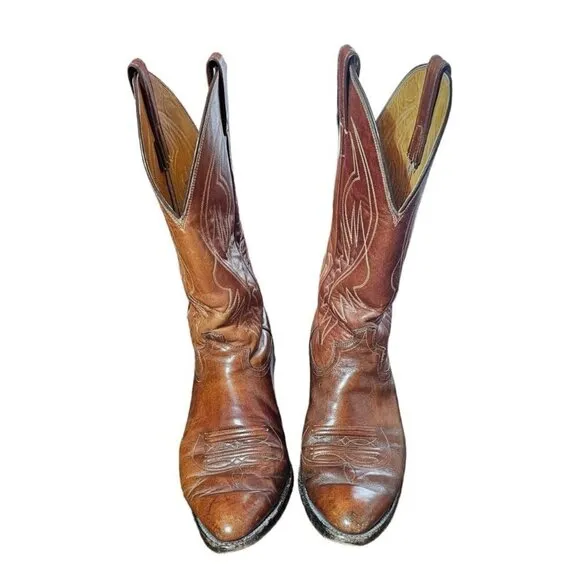 Justin men's leather cowboy boots brown 12&quot; shaft pointed toe size 9E