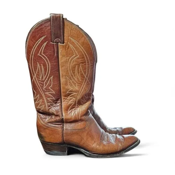 Justin men's leather cowboy boots brown 12&quot; shaft pointed toe size 9E