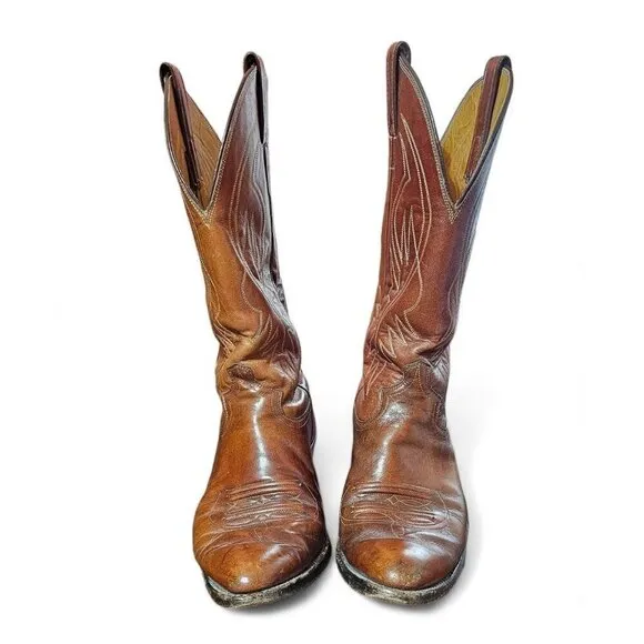 Justin men's leather cowboy boots brown 12&quot; shaft pointed toe size 9E