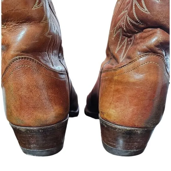 Justin men's leather cowboy boots brown 12&quot; shaft pointed toe size 9E