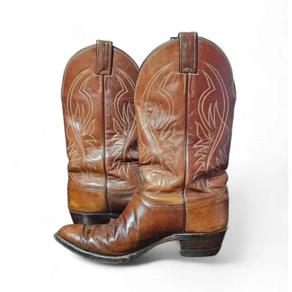 Justin men's leather cowboy boots brown 12&quot; shaft pointed toe size 9E