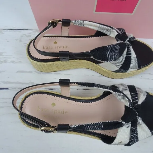 KATE SPADE Betsey Wedge Sandals Gingham Platform Straw Fabric Leather NIB 7