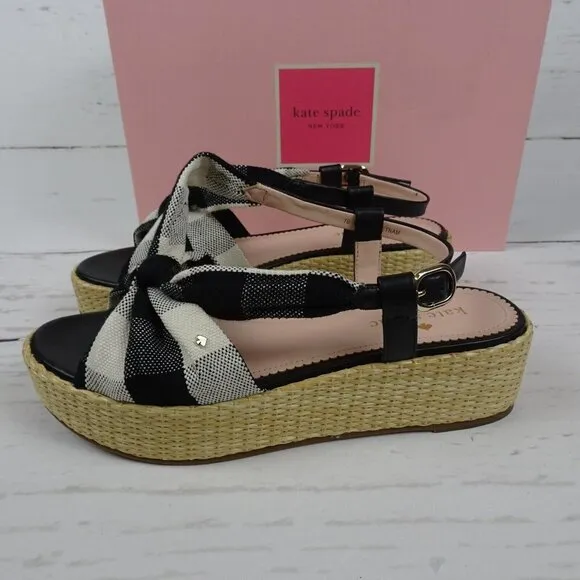 KATE SPADE Betsey Wedge Sandals Gingham Platform Straw Fabric Leather NIB 7