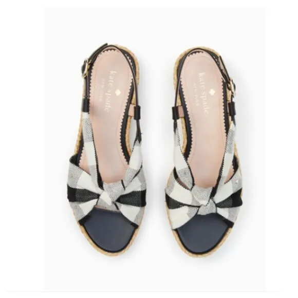 KATE SPADE Betsey Wedge Sandals Gingham Platform Straw Fabric Leather NIB 7
