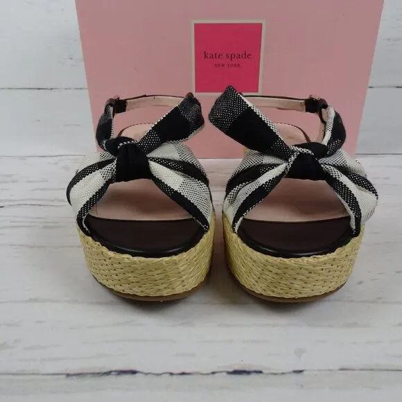 KATE SPADE Betsey Wedge Sandals Gingham Platform Straw Fabric Leather NIB 7