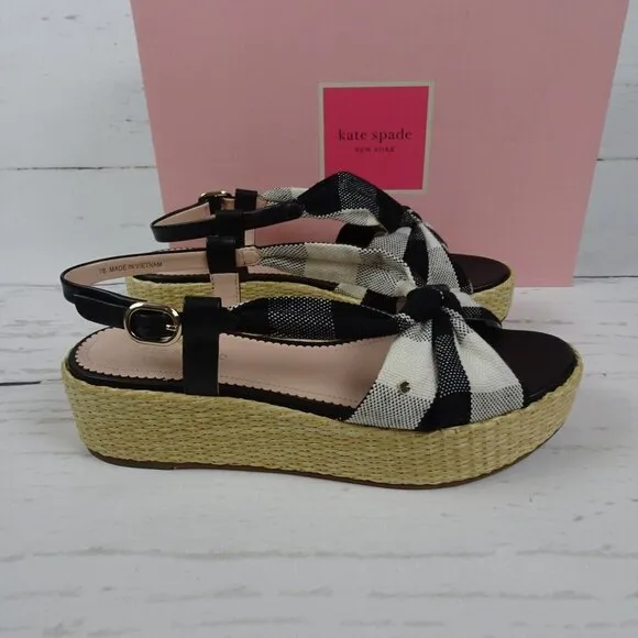 KATE SPADE Betsey Wedge Sandals Gingham Platform Straw Fabric Leather NIB 7