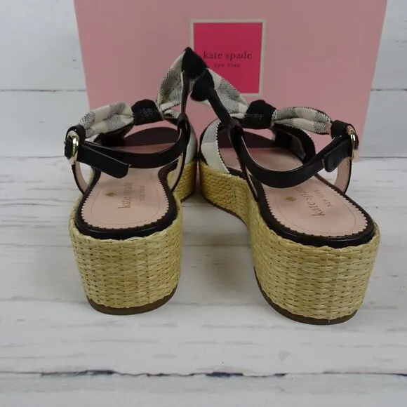 KATE SPADE Betsey Wedge Sandals Gingham Platform Straw Fabric Leather NIB 7
