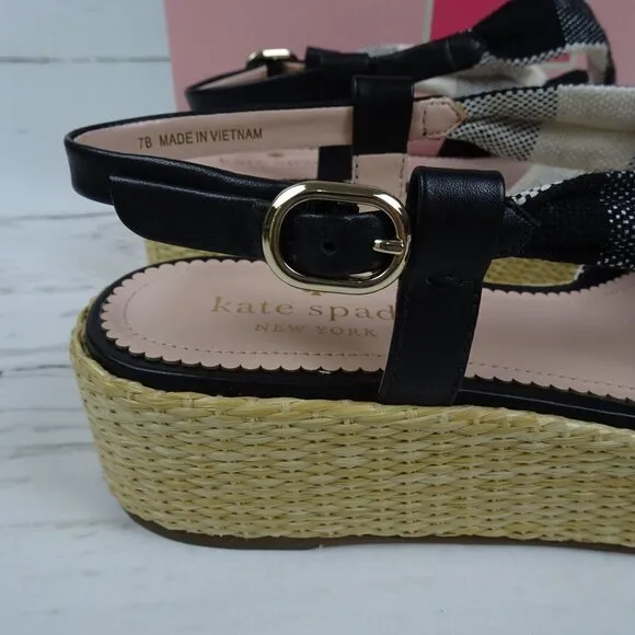 KATE SPADE Betsey Wedge Sandals Gingham Platform Straw Fabric Leather NIB 7