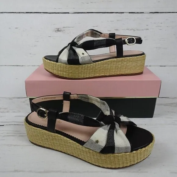 KATE SPADE Betsey Wedge Sandals Gingham Platform Straw Fabric Leather NIB 7