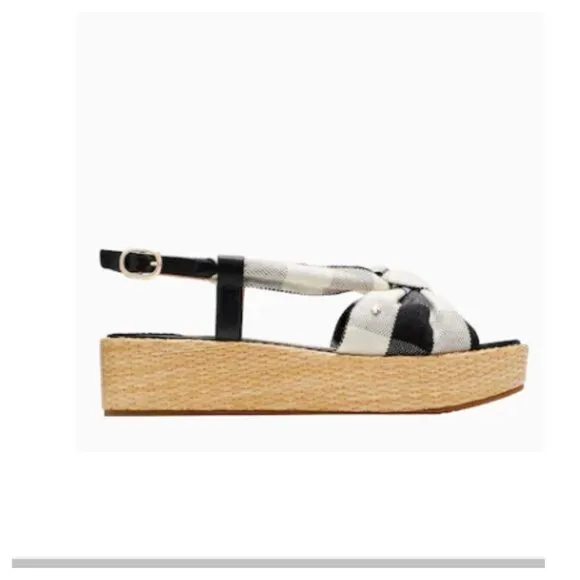 KATE SPADE Betsey Wedge Sandals Gingham Platform Straw Fabric Leather NIB 7