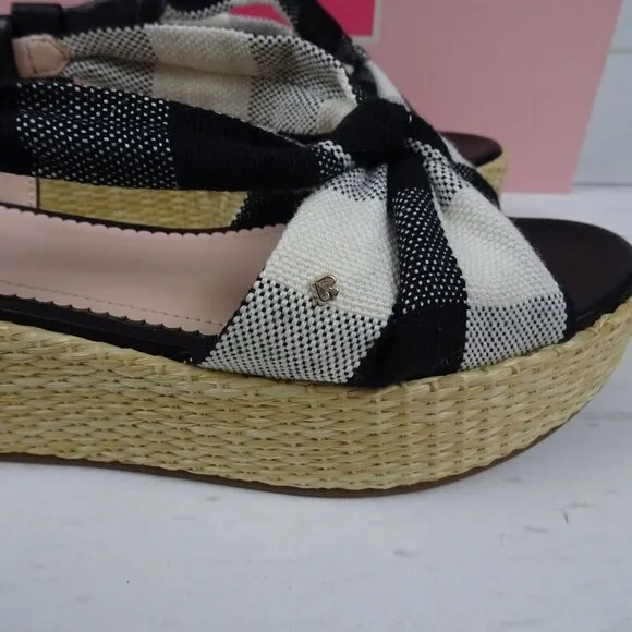 KATE SPADE Betsey Wedge Sandals Gingham Platform Straw Fabric Leather NIB 7