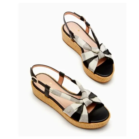 KATE SPADE Betsey Wedge Sandals Gingham Platform Straw Fabric Leather NIB 7