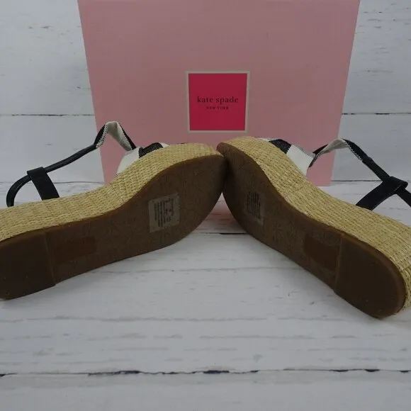KATE SPADE Betsey Wedge Sandals Gingham Platform Straw Fabric Leather NIB 7