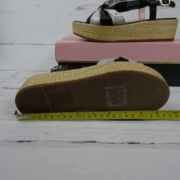KATE SPADE Betsey Wedge Sandals Gingham Platform Straw Fabric Leather NIB 7