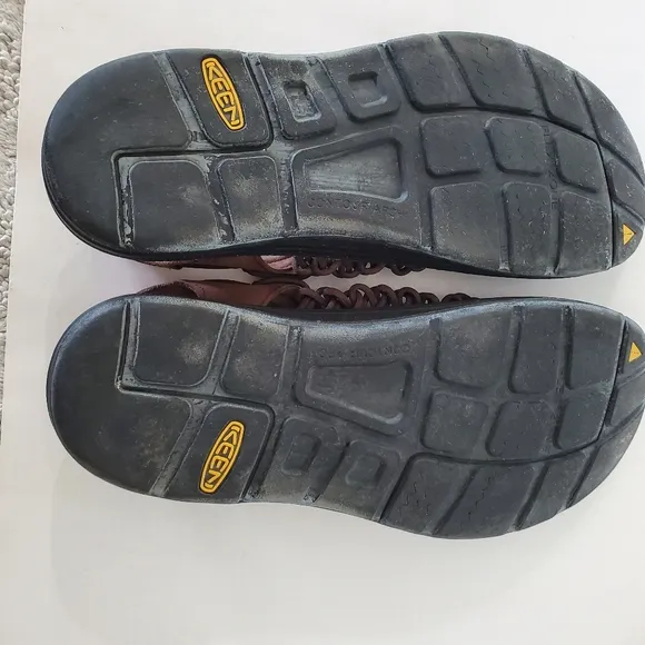 KEEN Men 11.5 UNEEK Leather Woven Slingback Sandals Brown Bungee Lace Hike Fish