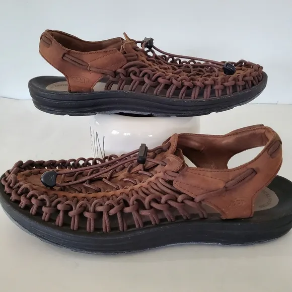 KEEN Men 11.5 UNEEK Leather Woven Slingback Sandals Brown Bungee Lace Hike Fish