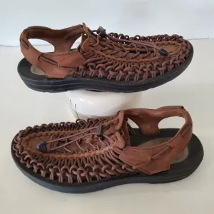 KEEN Men 11.5 UNEEK Leather Woven Slingback Sandals Brown Bungee Lace Hike Fish