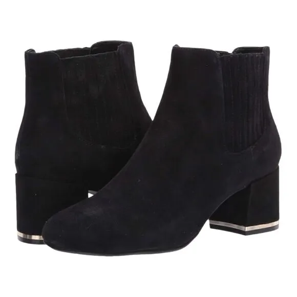 Kenneth Cole Women's Black Suede Edina Ankle Bootie Chunky Block Heels Boots,