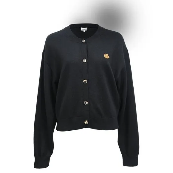 Kenzo Boke Crest Crew Cardigan in Black Wool