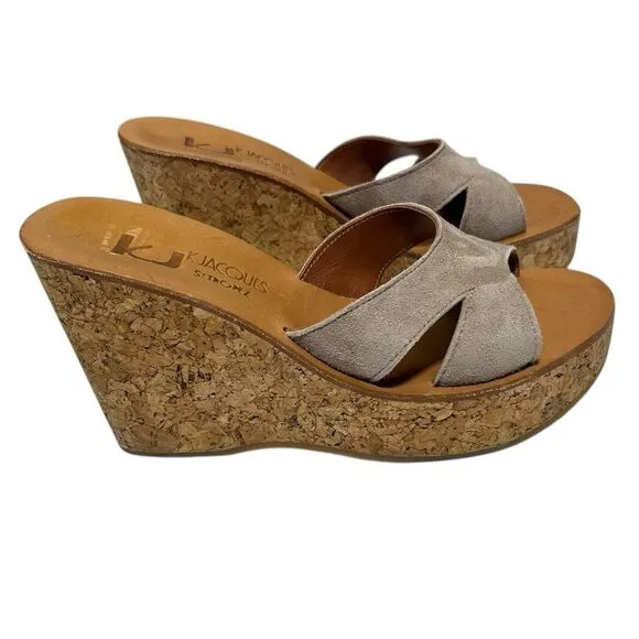 K. Jacques St. Tropez Suede Platform Cork Wedge Sandals Taupe 37 Handcrafted