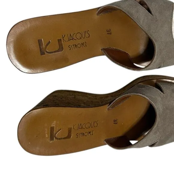 K. Jacques St. Tropez Suede Platform Cork Wedge Sandals Taupe 37 Handcrafted
