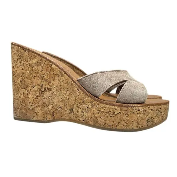 K. Jacques St. Tropez Suede Platform Cork Wedge Sandals Taupe 37 Handcrafted