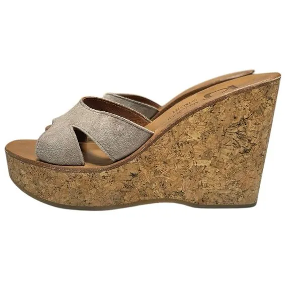 K. Jacques St. Tropez Suede Platform Cork Wedge Sandals Taupe 37 Handcrafted