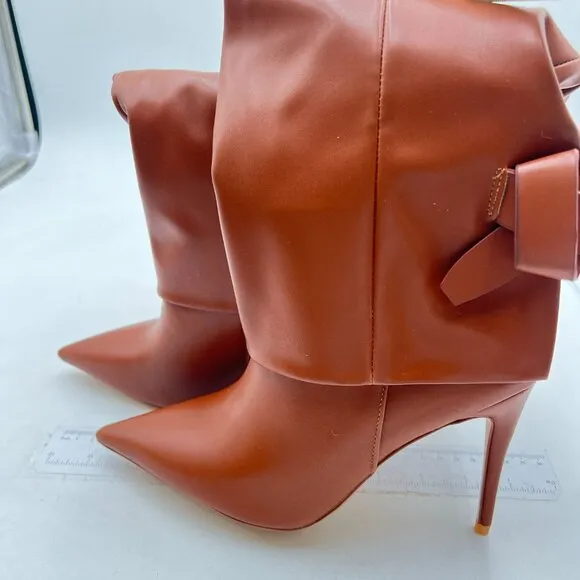 Knee High Boots Women Fold Over Boots Pointed Toe Stiletto Heel Brown